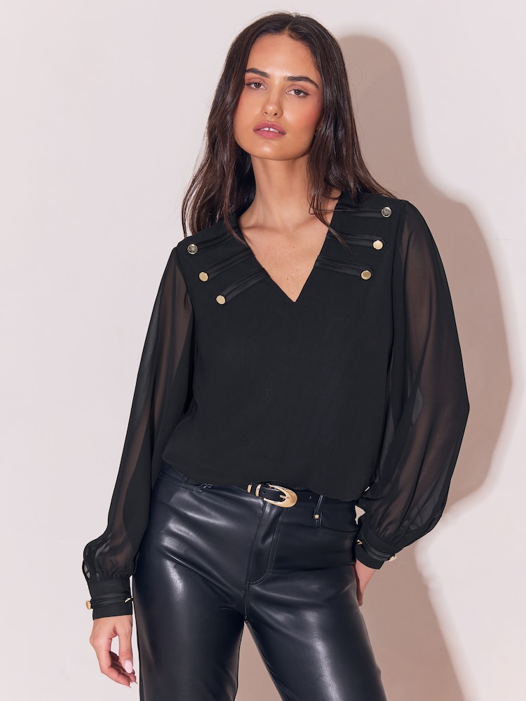 Lipsy Black Military V-Neck Woven Blouse - Image 2 of 4