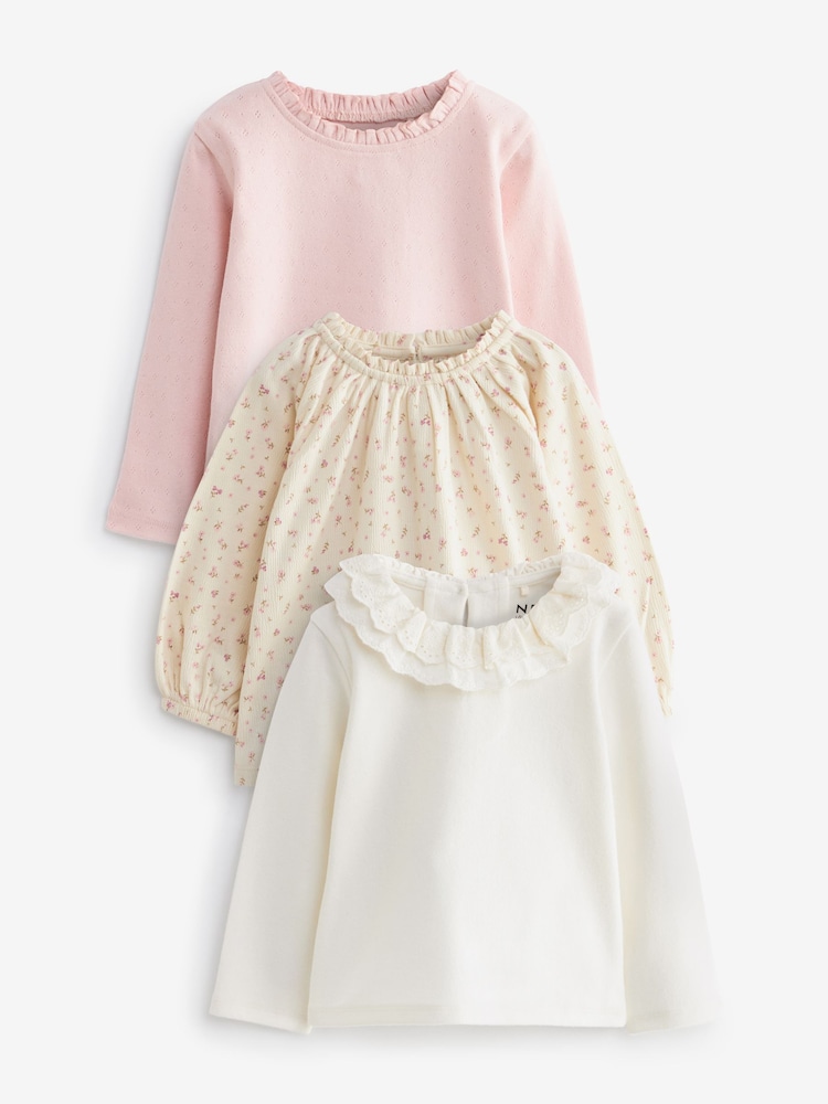 Cream 100% Cotton Long Sleeve Top 3 Pack (3mths-7yrs) - Image 1 of 6