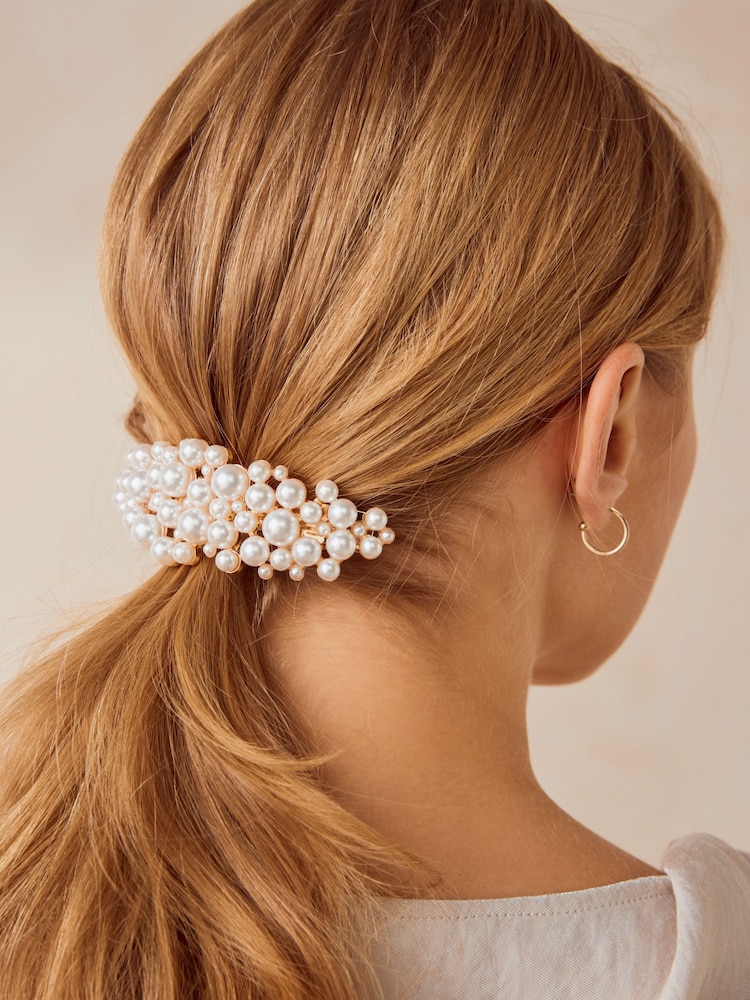 White Pearl Effect Metal Barette Clip - Image 1 of 4 White Pearl Effect Metal Barette Clip - Image 1 of 4