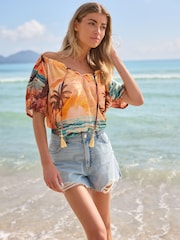 Orange Scenic Print Short Sleeve Tie Neck Bardot Blouse - Image 1 of 6