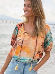 Orange Scenic Print Short Sleeve Tie Neck Bardot Blouse - Image 2 of 6