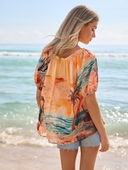 Orange Scenic Print Short Sleeve Tie Neck Bardot Blouse - Image 3 of 6