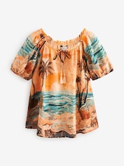 Orange Scenic Print Short Sleeve Tie Neck Bardot Blouse - Image 5 of 6