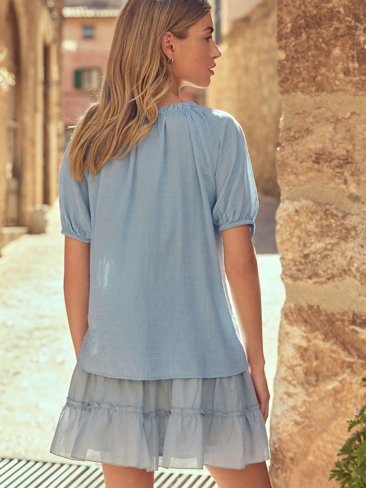 Chambray Blue Short Sleeve Tie Neck Bardot Blouse - Image 2 of 8