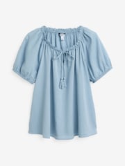 Chambray Blue Short Sleeve Tie Neck Bardot Blouse - Image 5 of 8