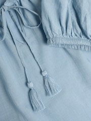 Chambray Blue Short Sleeve Tie Neck Bardot Blouse - Image 7 of 8