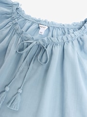 Chambray Blue Short Sleeve Tie Neck Bardot Blouse - Image 8 of 8