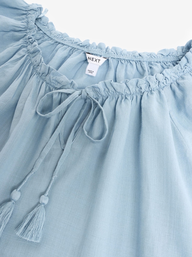 Chambray Blue Short Sleeve Tie Neck Bardot Blouse - Image 8 of 8