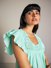 Aqua Blue 100% Cotton Square Neck Crochet Flutter Sleeve Top - Image 1 of 6