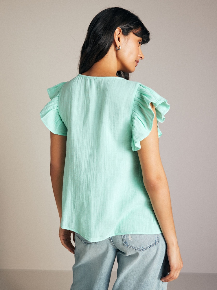 Aqua Blue 100% Cotton Square Neck Crochet Flutter Sleeve Top - Image 2 of 6 Aqua Blue 100% Cotton Square Neck Crochet Flutter Sleeve Top - Image 2 of 6