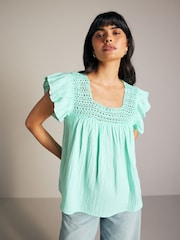 Aqua Blue 100% Cotton Square Neck Crochet Flutter Sleeve Top - Image 3 of 6