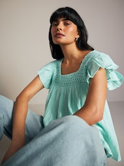 Aqua Blue 100% Cotton Square Neck Crochet Flutter Sleeve Top - Image 4 of 6