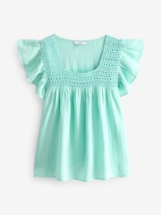 Aqua Blue 100% Cotton Square Neck Crochet Flutter Sleeve Top - Image 5 of 6