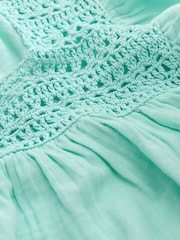 Aqua Blue 100% Cotton Square Neck Crochet Flutter Sleeve Top - Image 6 of 6