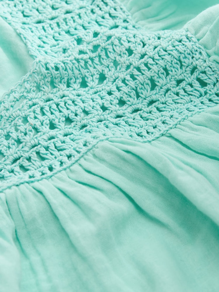 Aqua Blue 100% Cotton Square Neck Crochet Flutter Sleeve Top - Image 6 of 6