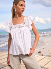 White 100% Cotton Square Neck Crochet Flutter Sleeve Top - Image 1 of 6