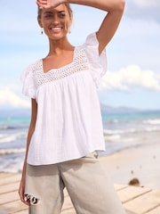 White 100% Cotton Square Neck Crochet Flutter Sleeve Top - Image 2 of 6