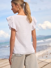 White 100% Cotton Square Neck Crochet Flutter Sleeve Top - Image 3 of 6
