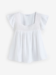White 100% Cotton Square Neck Crochet Flutter Sleeve Top - Image 5 of 6