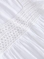 White 100% Cotton Square Neck Crochet Flutter Sleeve Top - Image 6 of 6