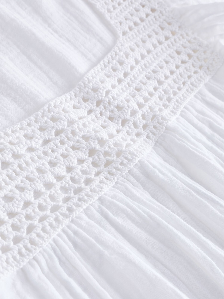 White 100% Cotton Square Neck Crochet Flutter Sleeve Top - Image 6 of 6