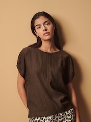 Chocolate Brown Gathered Short Sleeve Textured Boxy T-Shirt - Image 1 of 7