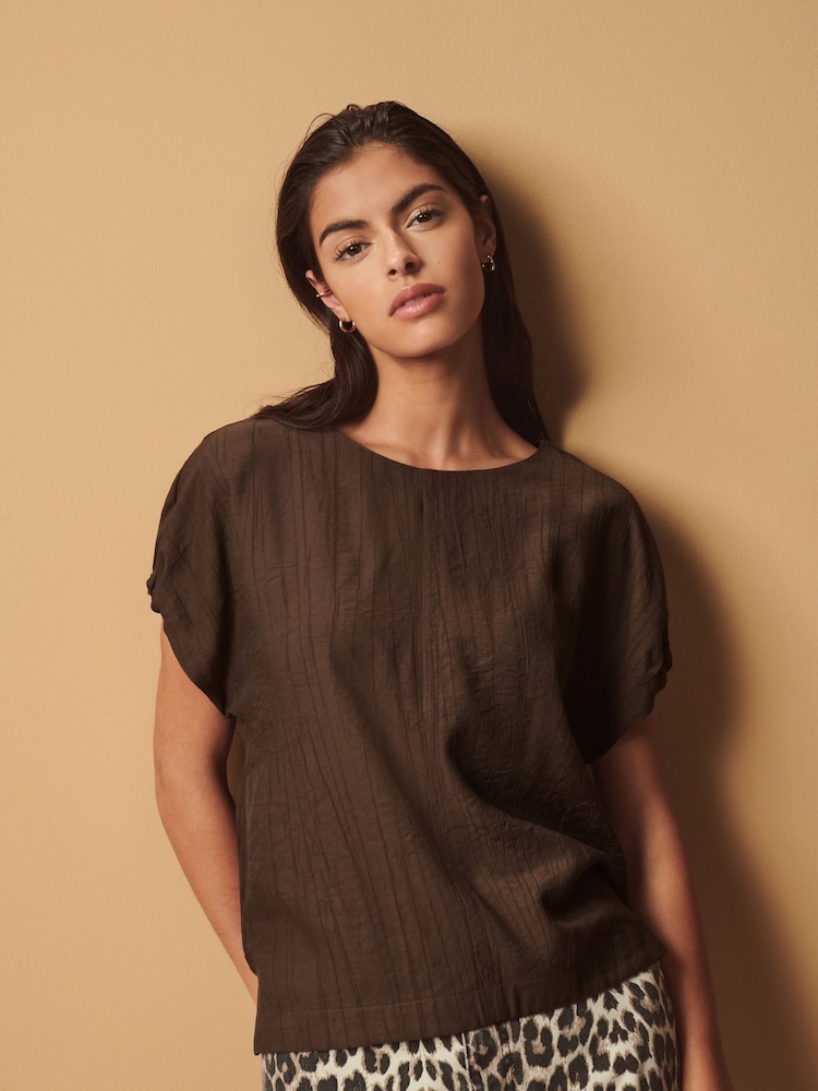 Chocolate Brown Gathered Short Sleeve Textured Boxy T-Shirt - Image 1 of 7