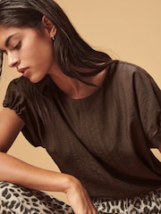 Chocolate Brown Gathered Short Sleeve Textured Boxy T-Shirt - Image 4 of 7