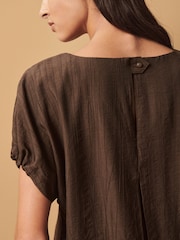 Chocolate Brown Gathered Short Sleeve Textured Boxy T-Shirt - Image 5 of 7