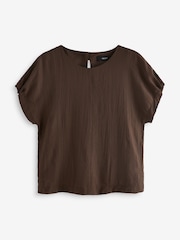 Chocolate Brown Gathered Short Sleeve Textured Boxy T-Shirt - Image 6 of 7