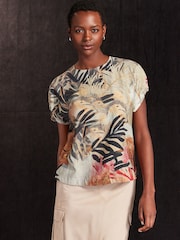 Safari Print Gathered Short Sleeve Textured Boxy T-Shirt - Image 1 of 6