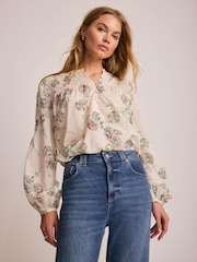 Mint Velvet Cream Shirred Printed Blouse - Image 1 of 7