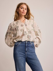 Mint Velvet Cream Shirred Printed Blouse - Image 2 of 7