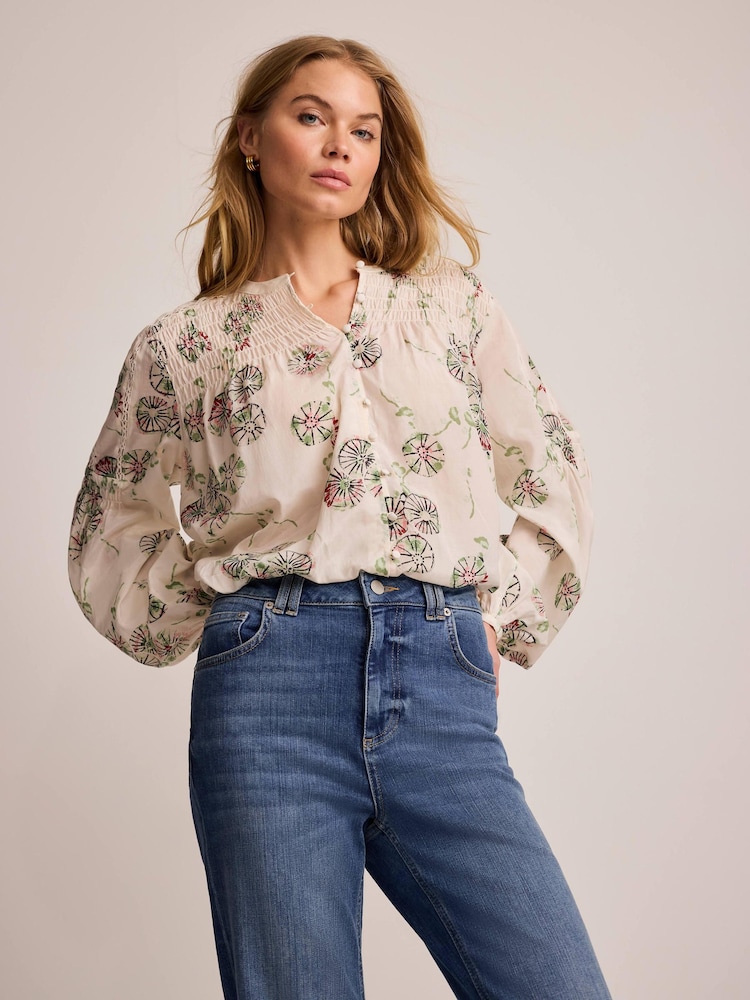 Mint Velvet Cream Shirred Printed Blouse - Image 2 of 7