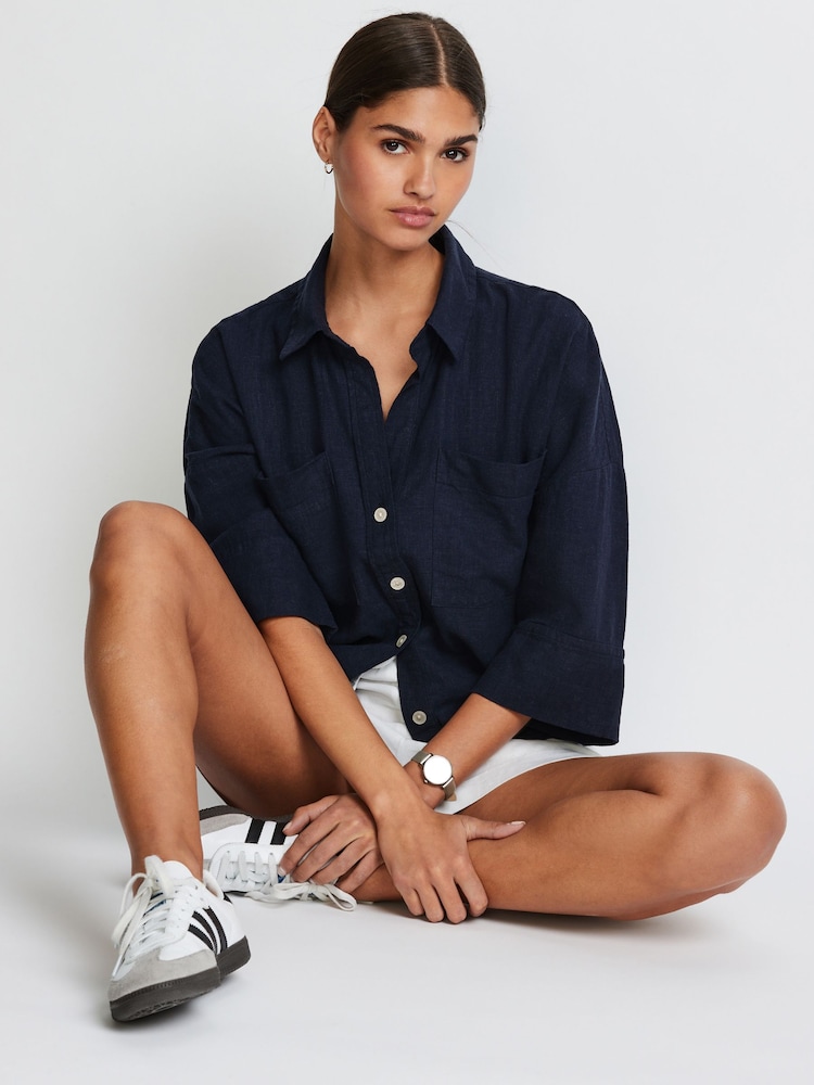 Navy Linen Blend Short Sleeve Safari Shirt - Image 1 of 6
