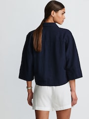 Navy Linen Blend Short Sleeve Safari Shirt - Image 2 of 6