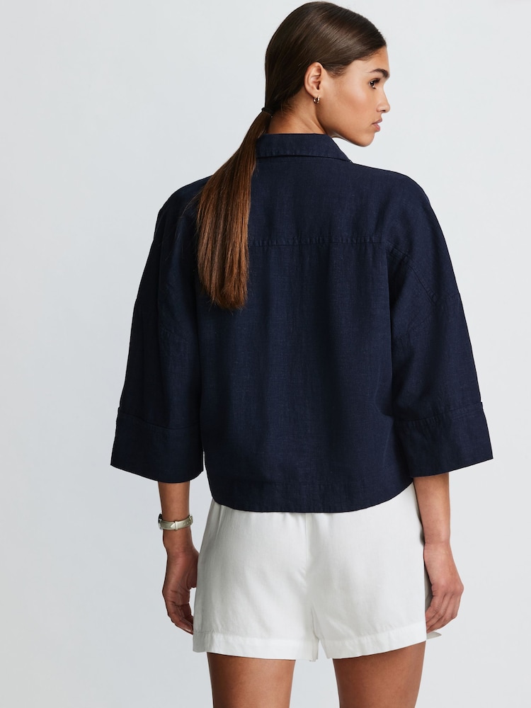Navy Linen Blend Short Sleeve Safari Shirt - Image 2 of 6 Navy Linen Blend Short Sleeve Safari Shirt - Image 2 of 6