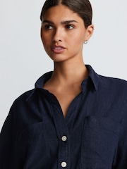 Navy Linen Blend Short Sleeve Safari Shirt - Image 4 of 6