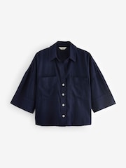 Navy Linen Blend Short Sleeve Safari Shirt - Image 5 of 6