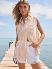 Pink/Yellow Pastel Stripe Sleeveless Ruched Side Linen Blend Shirt - Image 1 of 7