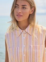 Pink/Yellow Pastel Stripe Sleeveless Ruched Side Linen Blend Shirt - Image 4 of 7