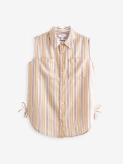 Pink/Yellow Pastel Stripe Sleeveless Ruched Side Linen Blend Shirt - Image 6 of 7