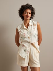 Ecru White Seahorse Print Sleeveless Ruched Side Linen Blend Shirt - Image 1 of 6