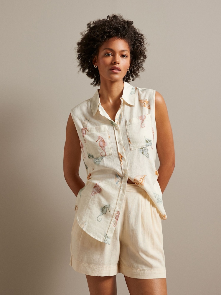 Ecru White Seahorse Print Sleeveless Ruched Side Linen Blend Shirt - Image 1 of 6