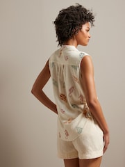 Ecru White Seahorse Print Sleeveless Ruched Side Linen Blend Shirt - Image 3 of 6