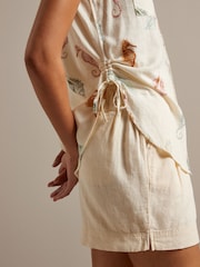 Ecru White Seahorse Print Sleeveless Ruched Side Linen Blend Shirt - Image 4 of 6