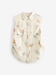 Ecru White Seahorse Print Sleeveless Ruched Side Linen Blend Shirt - Image 5 of 6