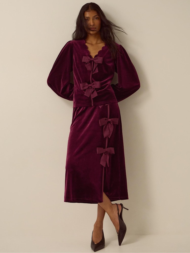 Monsoon Red Buffy Bow Velvet Midi Skirt - Image 1 of 4 Monsoon Red Buffy Bow Velvet Midi Skirt - Image 1 of 4