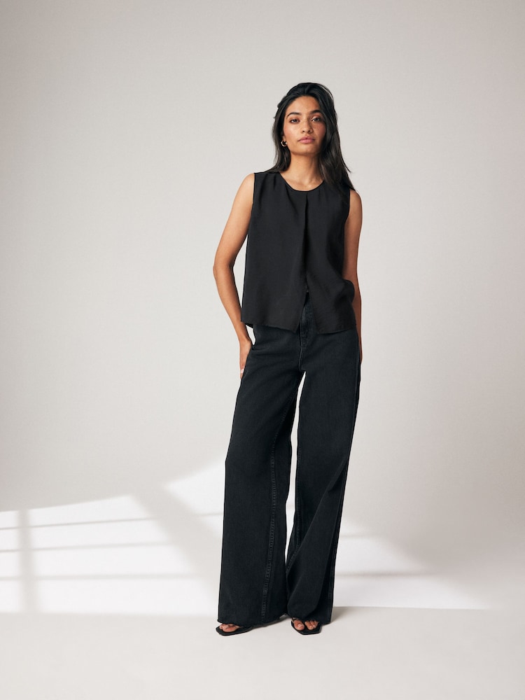 Black Sleeveless Crinkle Vest Top - Image 2 of 7