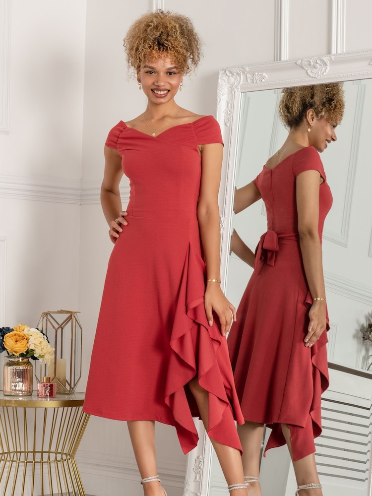 Jolie Moi Red Desiree Frill Fit & Flare Dress - Image 6 of 6